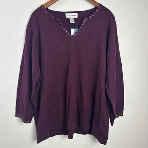 C.D. Daniels Women Plus 2X Knit Sweater Purple Beaded Split Neck Long Sleeve NWT